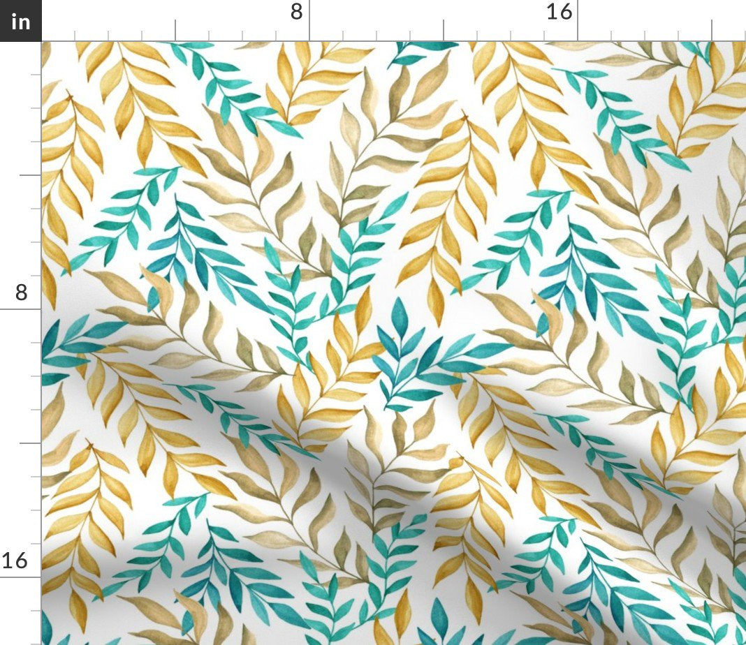 Spoonflower Fabric - Leaf Mint Gold Branches Tropical Watercolor Printed on Sport Lycra Fabric Fat Quarter - Swimwear Performance Leggings Apparel Fashion