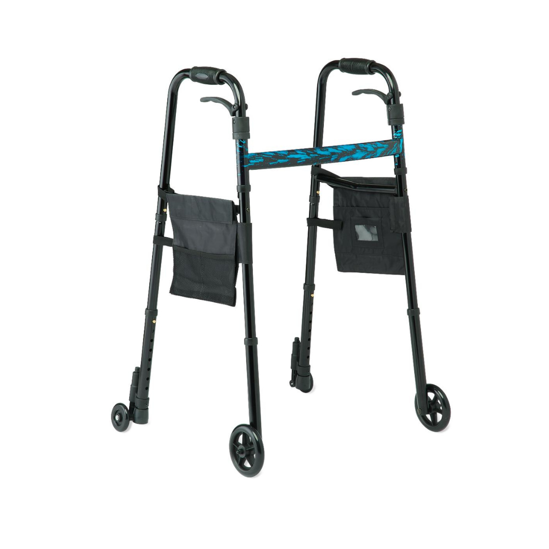 Medline Folding Walker with Wheeled Glide-Brakes, Trigger Release and Storage Bags
