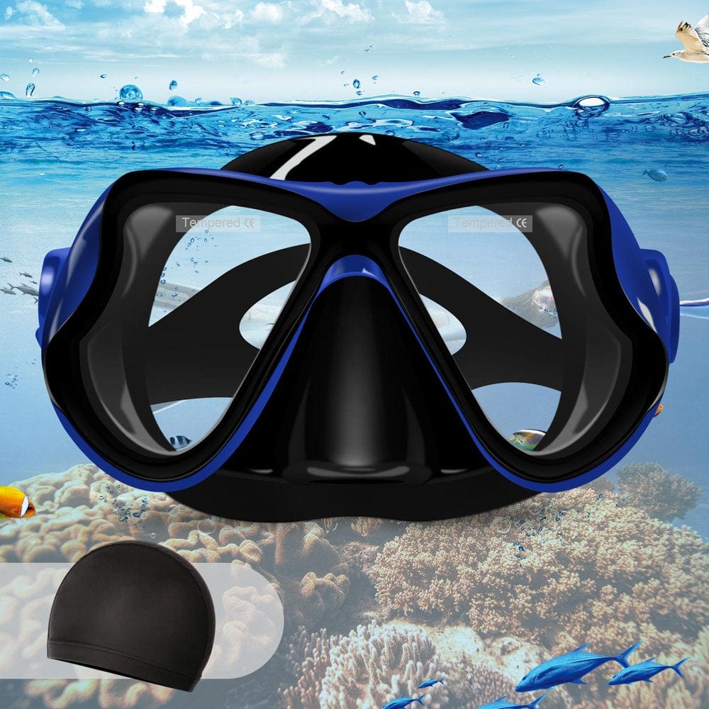 Anti-Fog Diving Mask Tempered Glass Lens, Scuba Mask with Nose Clip and Earplugs, Snorkel Swim Goggles for Adults/Teens Adjustable Strap