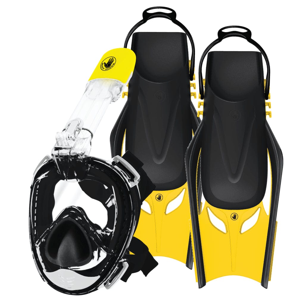 BODY GLOVE - FREE BREATHING SNORKEL FULL FACE MASK SET-WITH FINS-TRAVEL BAG-ANTI FOG-ANTI LEAK-PANORAMIC VIEW-CAMERA MOUNT-OPEN WATER-SCUBA DIVING-SNORKELING GEAR