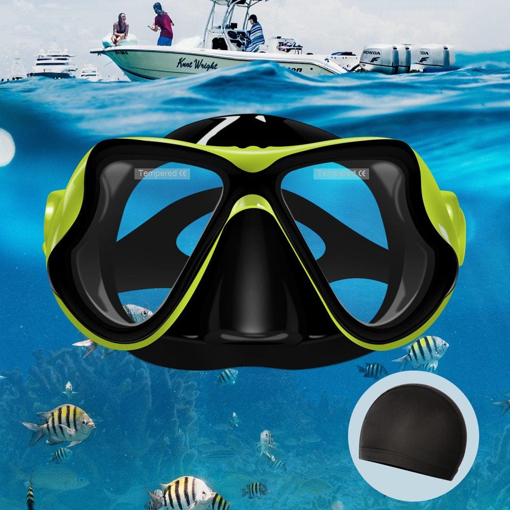 Diving Snorkel Mask Anti-Fog Tempered Glass HD Wide View Scuba Mask with Nose Clip & Earplugs Set, Adjustable Strap Swimming Goggles for Adults/Youths