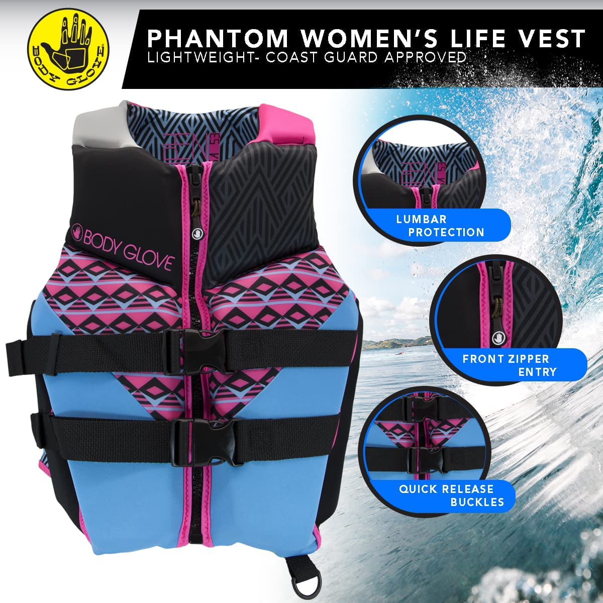 Body Glove- Phantom Women's PFD-Adult Life Jacket -Adult, Women, Medium, Blue