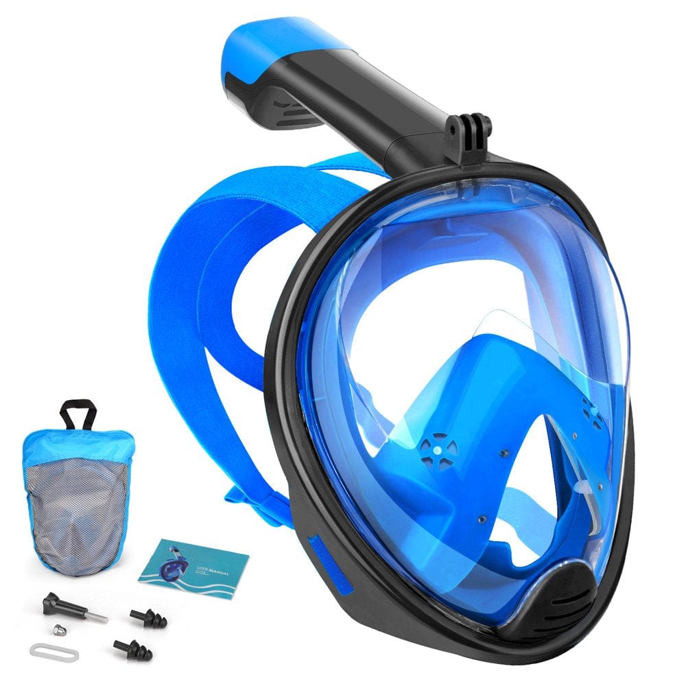 Full Face Snorkel Mask-Diving Mask with 180 Panoramic View Easy Breath, Anti-Fog & Anti-Leak, Detachable Camera Mount Dual Snorkeling Gear Perfect for Diving & Swimming Black+Blue S/M