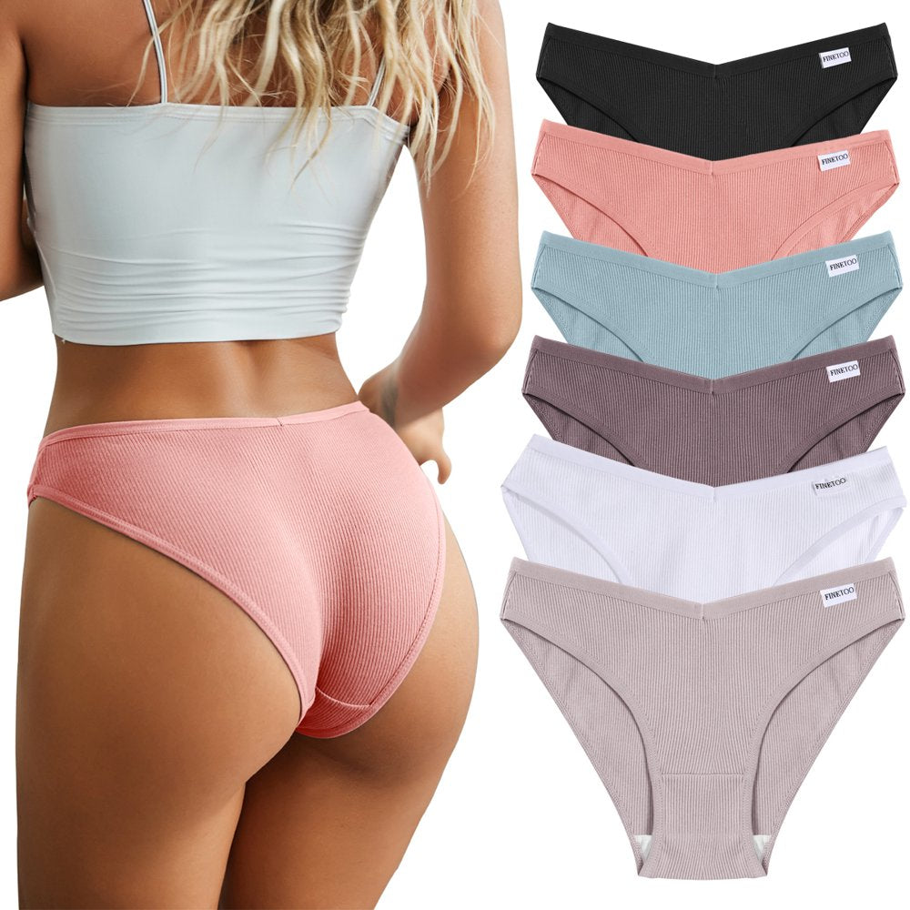 FINETOO 6 Pack Cotton Underwear for Women Cute Low Rise Bikini Rib Cheeky Panties Sexy V-Shaped Waistband Hipster Lingerie S-XL