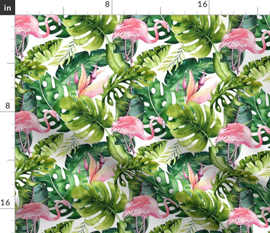Spoonflower Fabric - Tropical Leaves Flamingo Green Watercolor Tropic Printed on Sport Lycra Fabric Fat Quarter - Swimwear Performance Leggings Apparel Fashion