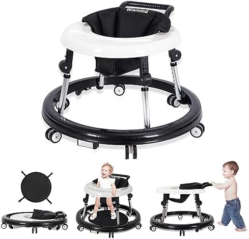 Wismind Baby Walker Foldable with 9 Adjustable Heights, Baby Walkers and Activity Center for Boys Girls Babies 6-12 Months, Baby Walker and Bouncer Combo with Wheels Portable