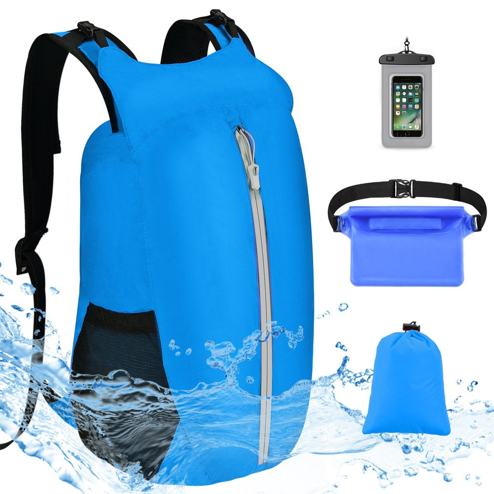 Vbiger Waterproof Dry Bags Set of 3 with Cellphone Bag Waist Bag, 20L Floating Dry Backpack Compression Sacks for Swimming, Kayak, Rafting & Boating, Blue