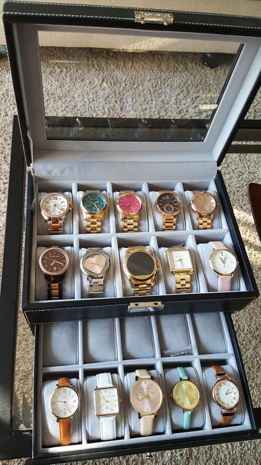 Watch Box 20 Mens Case Glass Top Black and Gray Display Organizer Lockable