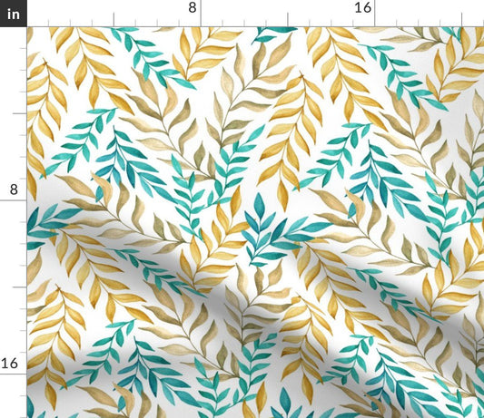 Spoonflower Fabric - Leaf Mint Gold Branches Tropical Watercolor Printed on Sport Lycra Fabric Fat Quarter - Swimwear Performance Leggings Apparel Fashion
