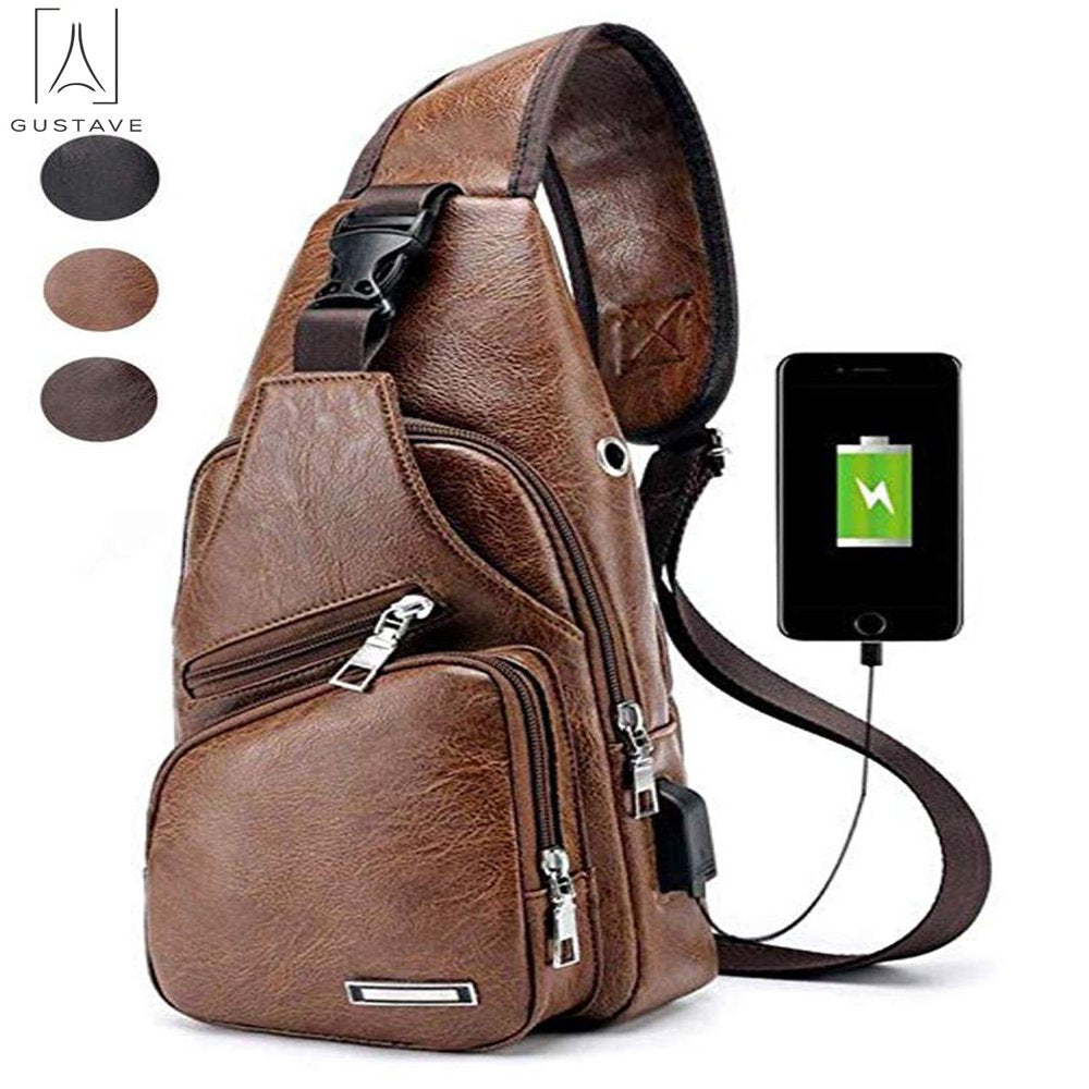 Gustave Sling Bag for Men Chest Shoulder Backpack Waterproof Leather Crossbody Bag with USB Charging Outdoor Hiking Travel "Dark Brown"