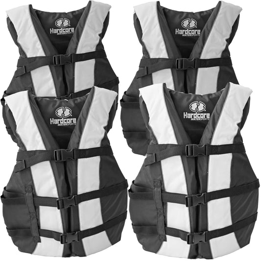 Hardcore Water Sports Hardcore life jacket 4 pack paddle vest for adults; Coast Guard approved Type III PFD life vest flotation device; Jet ski, wakeboard, hardshell kayak lufe jacket; Ideal extra pon