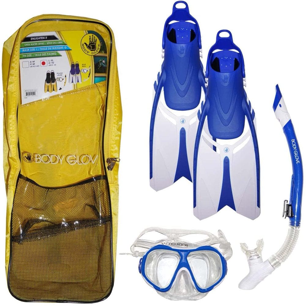 Body Glove Snorkeling Set Travel Bag Dive Mask and Snorkel and Fins Set- Tempered Glass Diving Mask - Silicone Goggles - Swimming Fins - Dry Top Flex Tube- for Snorkeling Swimming Scuba Diving