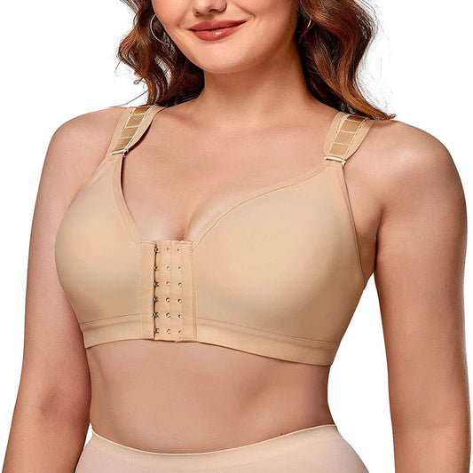 Gotoly Women Post Surgical Bra Front Closure Zip Hooks Sports Bras Racerback Support Wirefree Adjustable Straps(Beige X-Large)