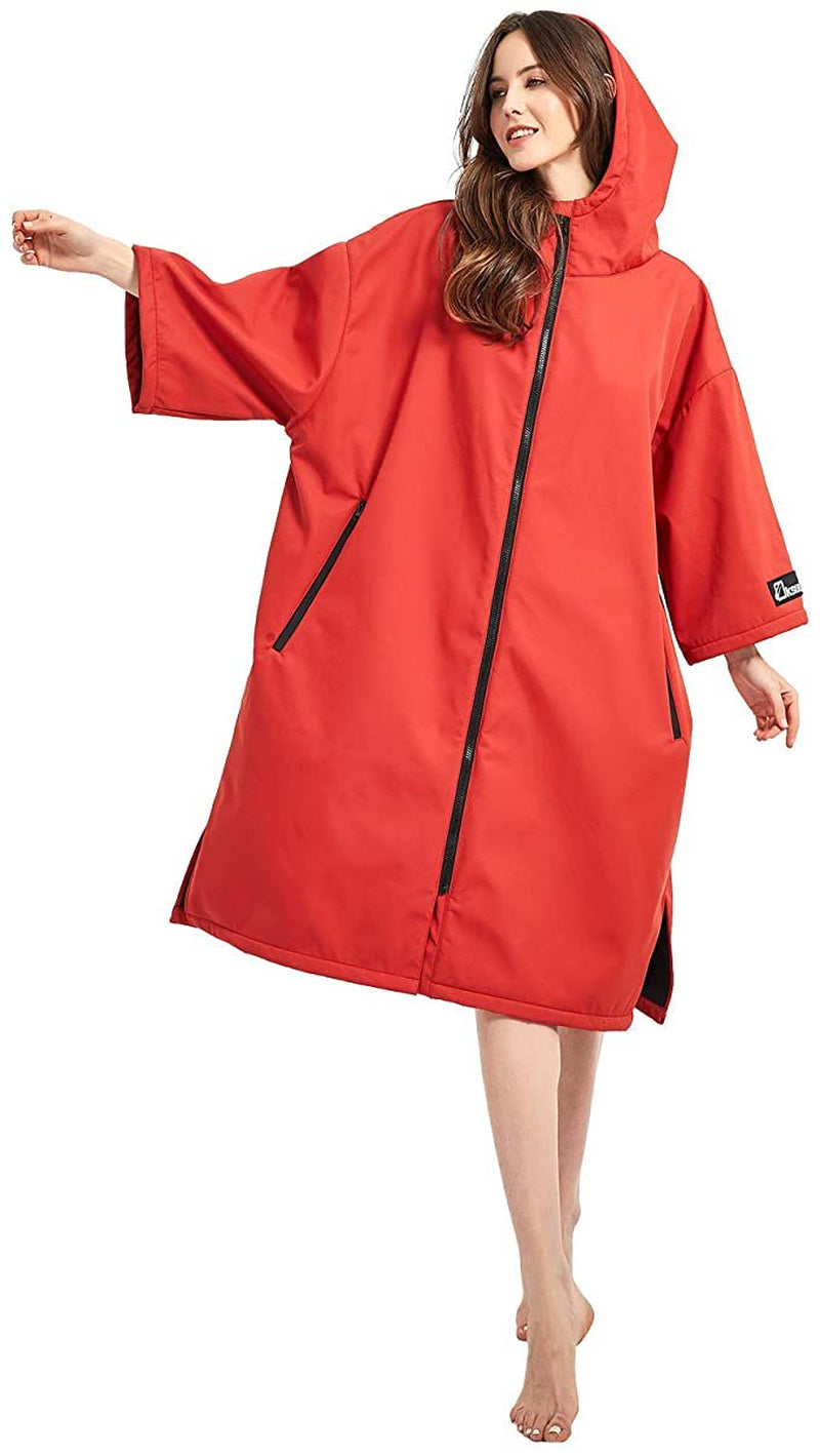 Oksun Waterproof Changing Robe,Windproof Oversized Surf Poncho Hooded Warm Fleece Lining Coat Red