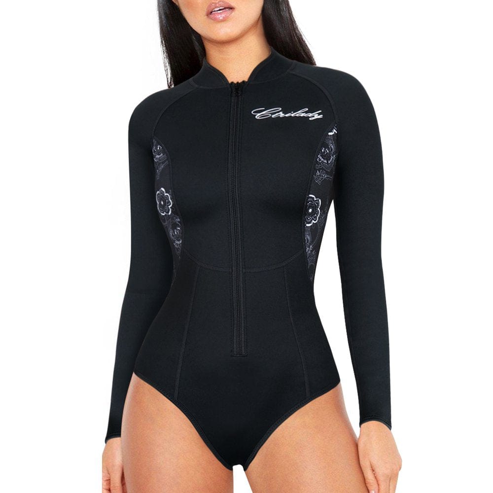 Eleady Women Long Sleeve Swimsuit ,Neoprene Wetsuit, with Front Zipper UV Protection Swimwear for Swimming Diving Snorkeling(Black Large)