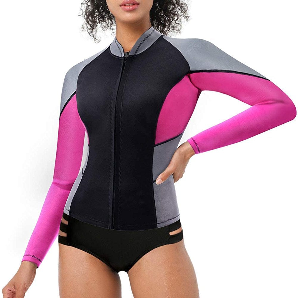 Junlan Women Wetsuit Top Wetsuit Jacket with Long Sleeves, Neoprene 1.5Mm High-Necked Wetsuits with Front Zipper for Swimming Diving Surfing Boating Kayaking Snorkeling(Pink, S)