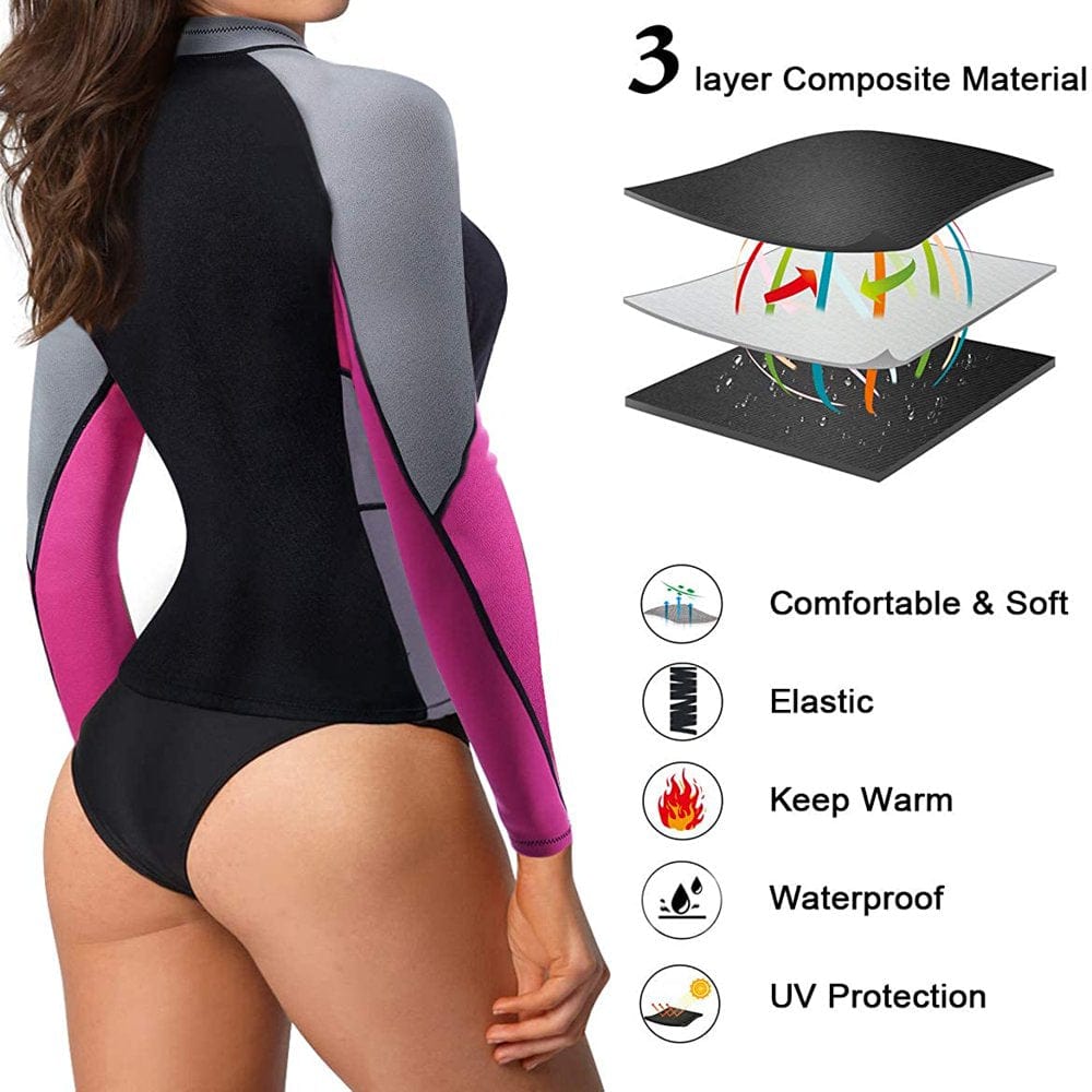 Junlan Women Wetsuit Top Wetsuit Jacket with Long Sleeves, Neoprene 1.5Mm High-Necked Wetsuits with Front Zipper for Swimming Diving Surfing Boating Kayaking Snorkeling(Pink, S)