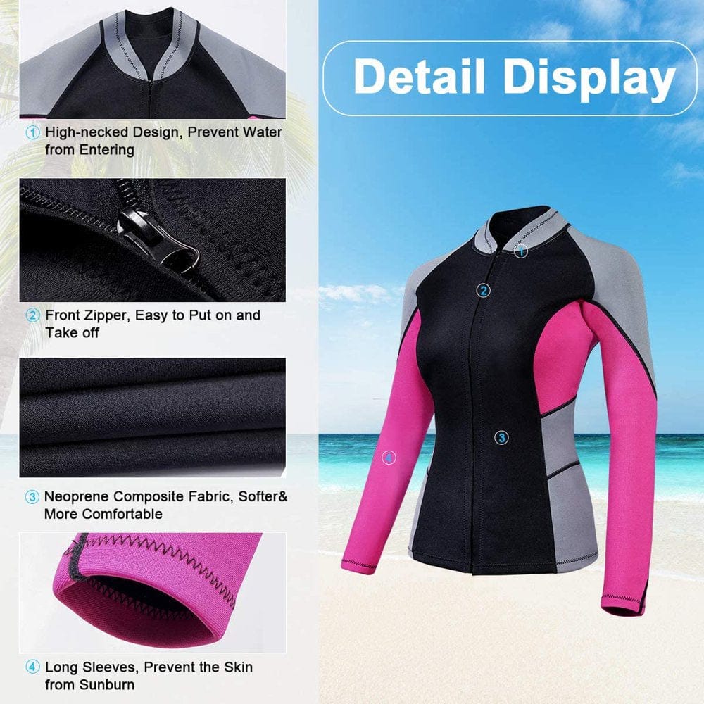 Junlan Women Wetsuit Top Wetsuit Jacket with Long Sleeves, Neoprene 1.5Mm High-Necked Wetsuits with Front Zipper for Swimming Diving Surfing Boating Kayaking Snorkeling(Pink, S)
