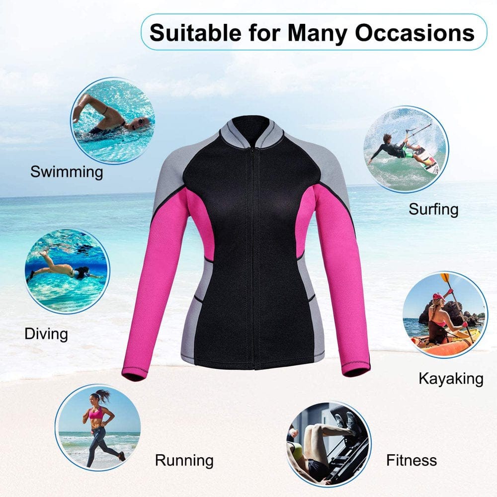 Junlan Women Wetsuit Top Wetsuit Jacket with Long Sleeves, Neoprene 1.5Mm High-Necked Wetsuits with Front Zipper for Swimming Diving Surfing Boating Kayaking Snorkeling(Pink, S)