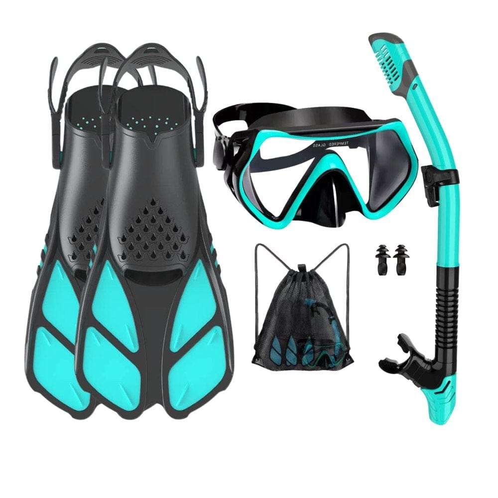 Mask Fins Snorkel Set 5 in 1 Professional Snorkeling Gear for Adults Anti-Fog Tempered Glass Scuba Gear for Snorkeling Swimming Scuba Diving, Dry Top Snokles Adults Set with Earplugs and Travel Bag.
