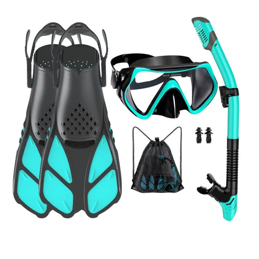 Mask Fins Snorkel Set 5 in 1 Professional Snorkeling Gear for Adults Anti-Fog Tempered Glass Scuba Gear for Snorkeling Swimming Scuba Diving, Dry Top Snokles Adults Set with Earplugs and Travel Bag.