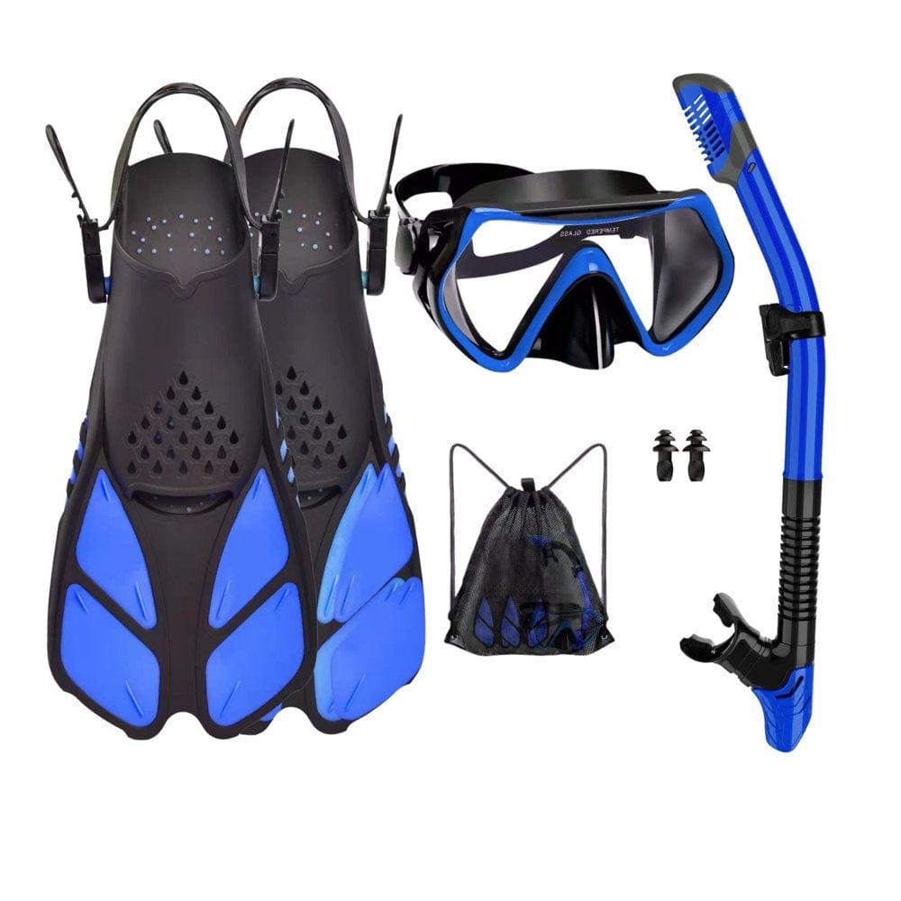 Mask Fins Snorkel Set 5 in 1 Professional Snorkeling Gear for Adults Anti-Fog Tempered Glass Scuba Gear for Snorkeling Swimming Scuba Diving, Dry Top Snokles Adults Set with Earplugs and Travel Bag.