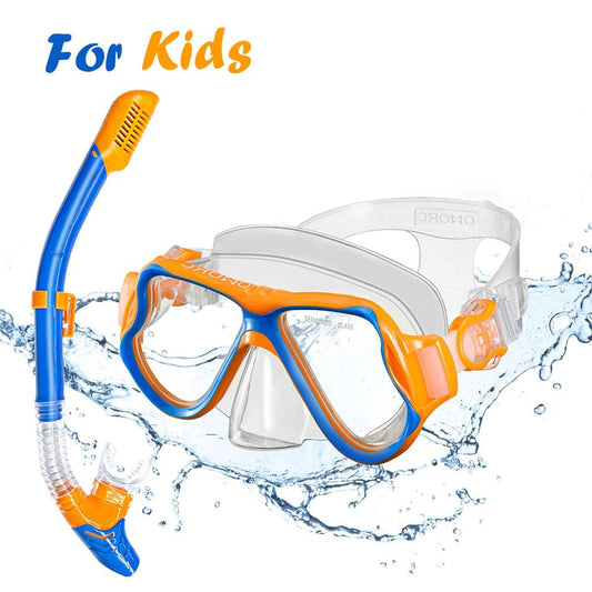 OMORC Kids Snorkel Set, Anti-Fog Underwater Mask with Impact Resistant Panoramic Tempered Glass for Childs, Boys, Girls, Safe, Free Breathing Anti-Leak Dry Top Snorkel, Children Age 5-12
